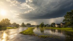 Dark storm clouds over a neighborhood street with heavy rain in the distance