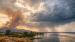 Layered climate illustration showing a heat wave, heavy rain, drought, wildfire weather, and coastal flooding connected by rising temperature lines