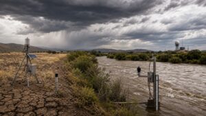 Layered weather science scene showing dry soil, a flooding river basin, storm clouds, ocean heat, radar, satellite data, and model grids.
