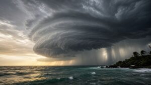 A large rotating storm system over warm ocean water with towering clouds and heavy rain bands approaching a coastline.