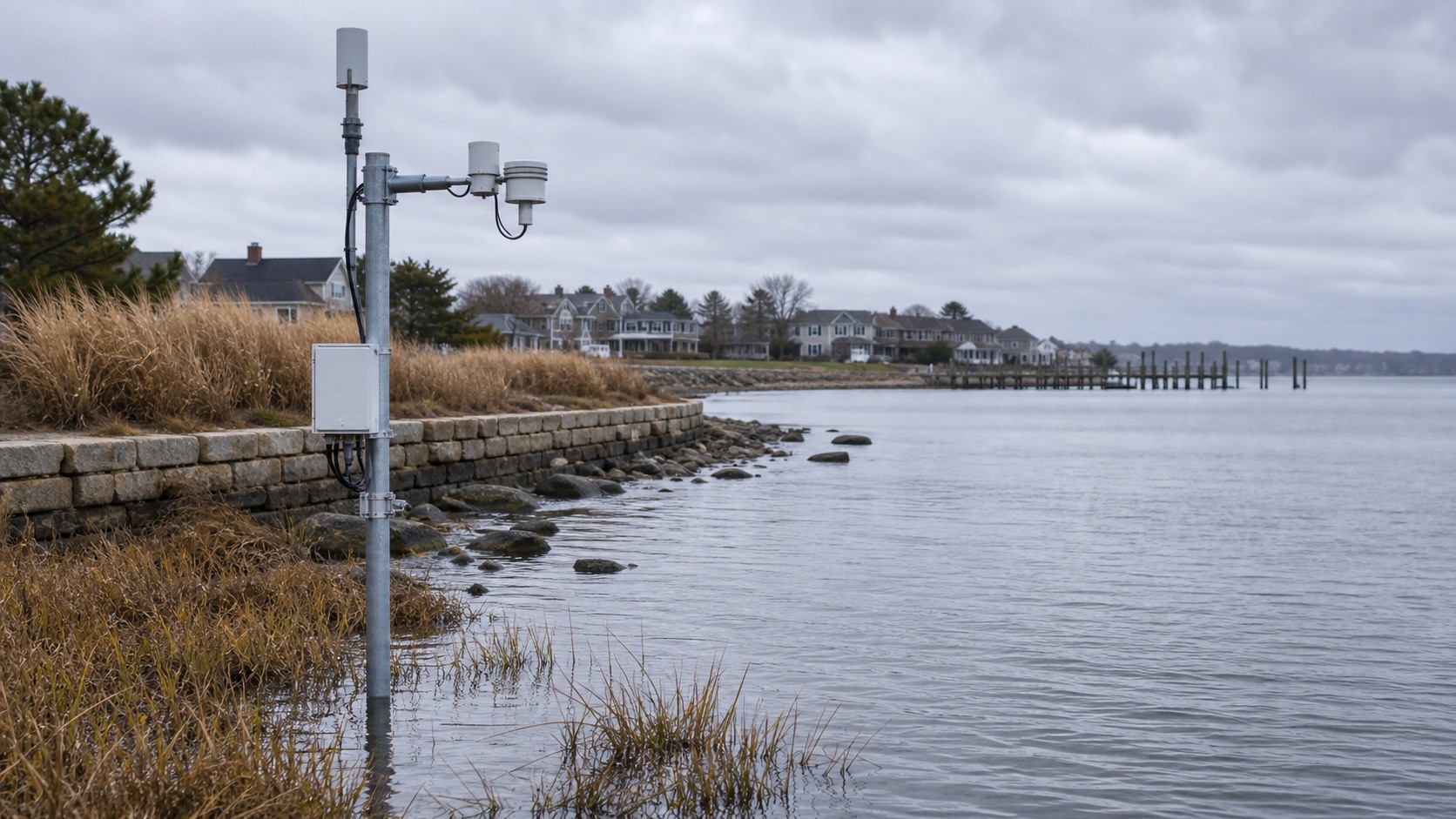 Coastal street near high tide with ocean water close to the curb and distant storm clouds