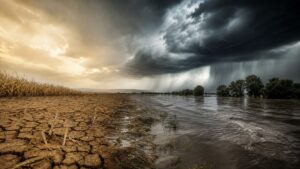 A split landscape showing cracked dry ground, floodwater on a street, and dark storm clouds over a warming ocean.